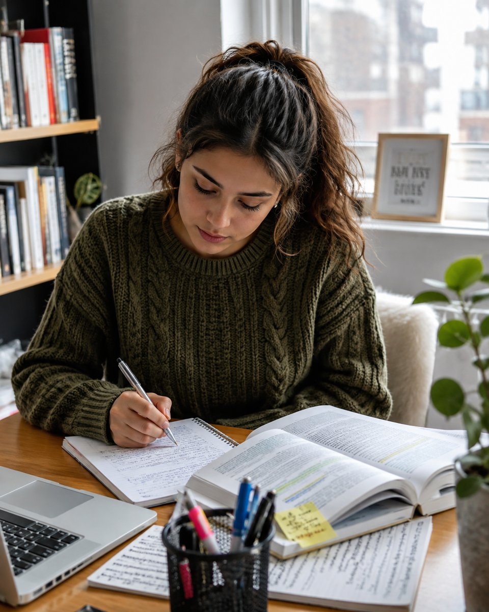 Candidata estudando com livros e caderno para concurso público
